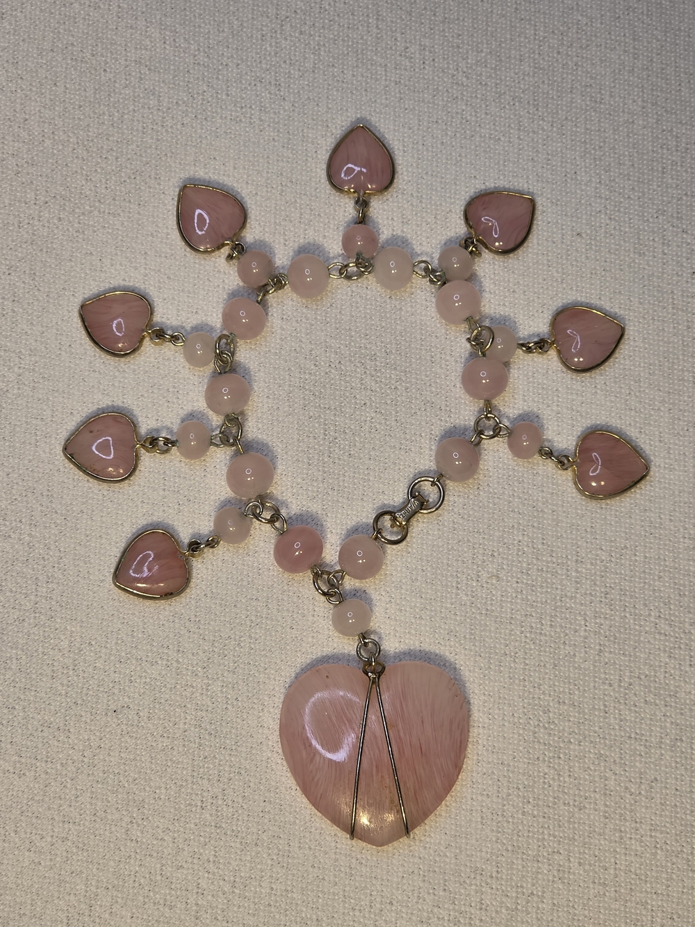 Vintage Warner Signed Pink Quartz Heart Charm Bracelet Pink 7"